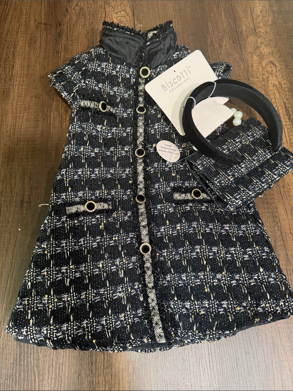 Biscotti Black, White & Gold Tweed Dress with Headband Set